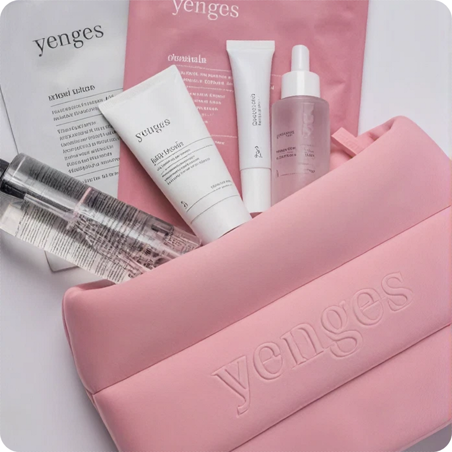 Yenges skincare set with a pink pouch