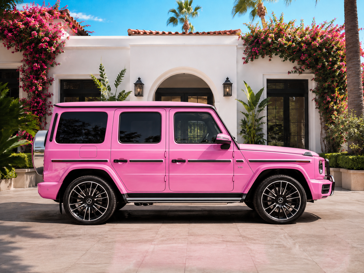 Pink Mercedes G-Class parked outside a white villa